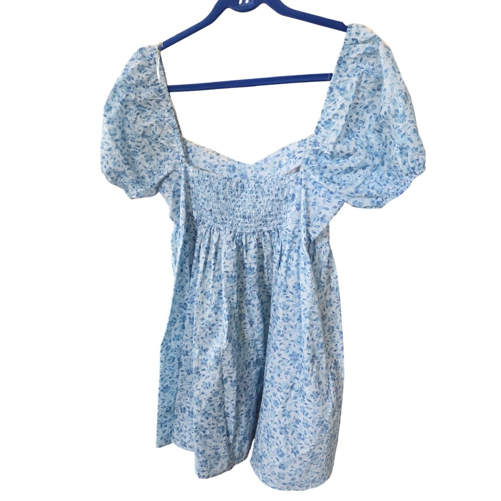 Altar'd State Davinly Floral Mini Dress Blue White Puff Sleeve Cotton Medium - Picture 3 of 7